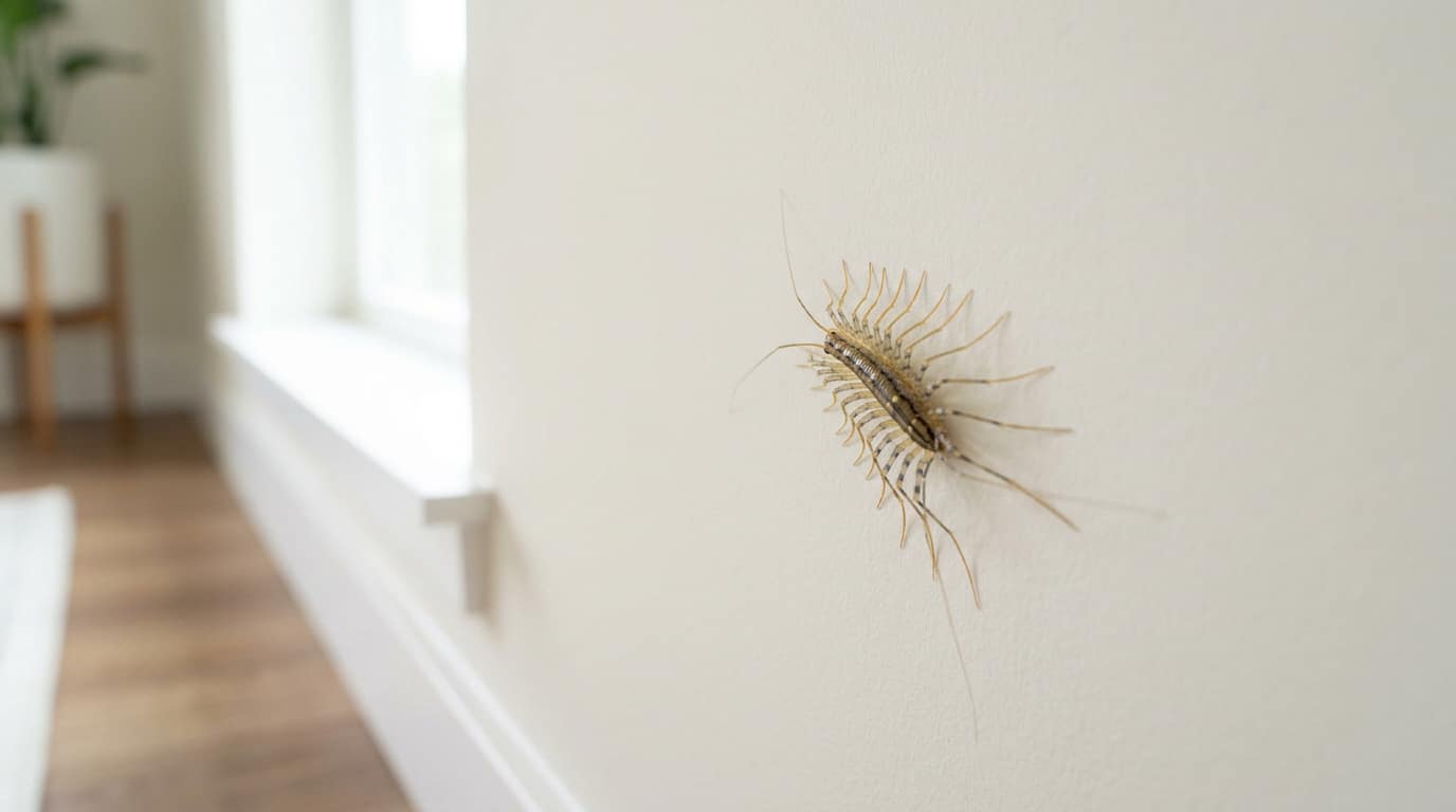 Une scutigère véloce, insecte aux nombreuses pattes, se déplace sur un mur blanc dans une maison.