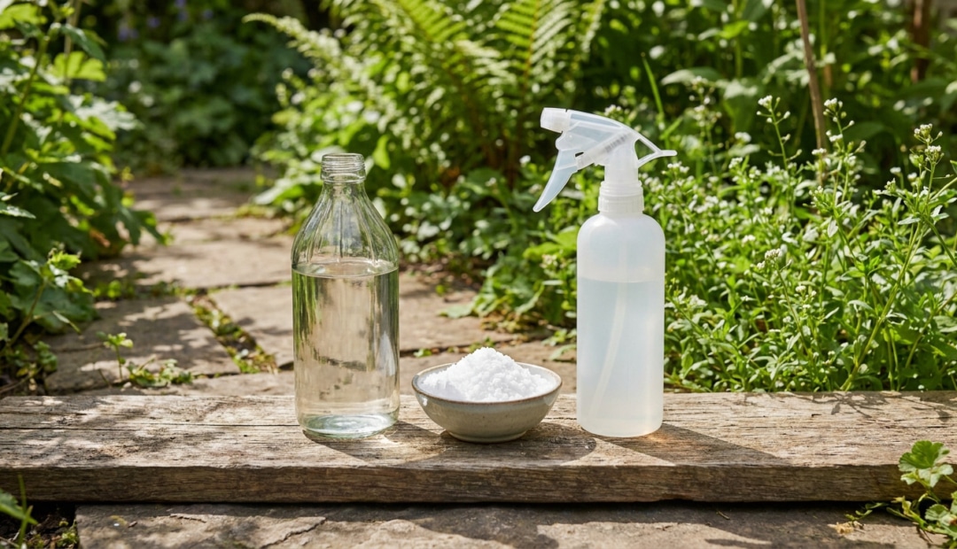 Une bouteille de vinaigre, un bol de sel et un vaporisateur posés sur une planche en bois dans un jardin ensoleillé.