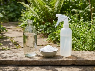 Une bouteille de vinaigre, un bol de sel et un vaporisateur posés sur une planche en bois dans un jardin ensoleillé.