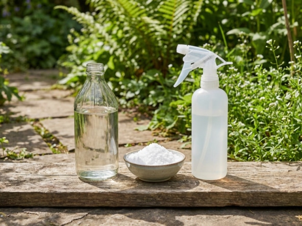Une bouteille de vinaigre, un bol de sel et un vaporisateur posés sur une planche en bois dans un jardin ensoleillé.