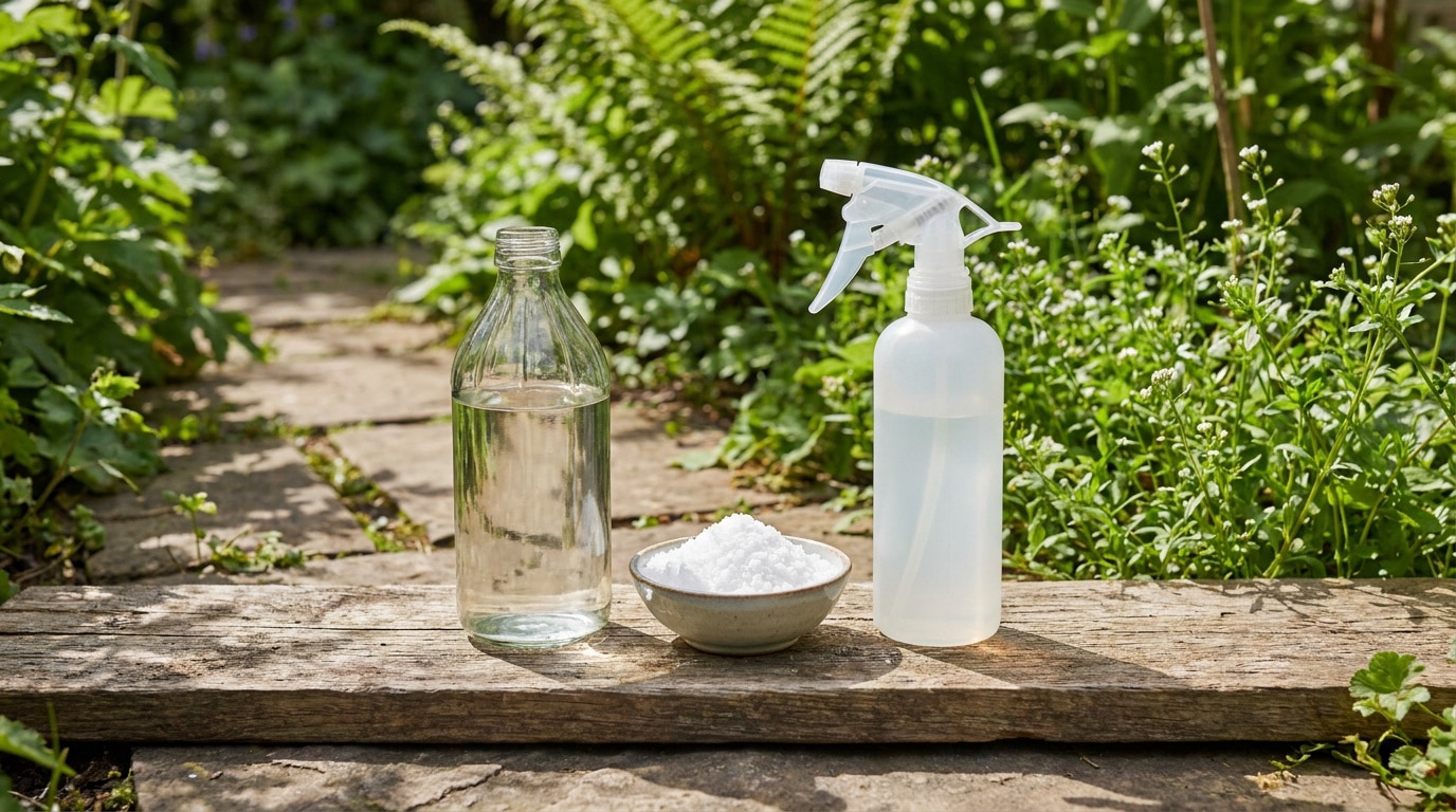 Une bouteille de vinaigre, un bol de sel et un vaporisateur posés sur une planche en bois dans un jardin ensoleillé.