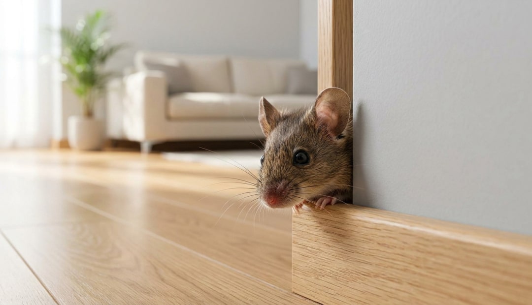 Une petite souris brune pointe le bout de son nez derrière une plinthe en bois dans un salon lumineux.