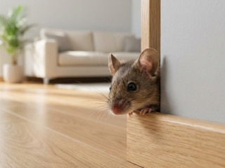 Une petite souris brune pointe le bout de son nez derrière une plinthe en bois dans un salon lumineux.