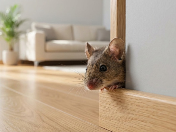 Une petite souris brune pointe le bout de son nez derrière une plinthe en bois dans un salon lumineux.