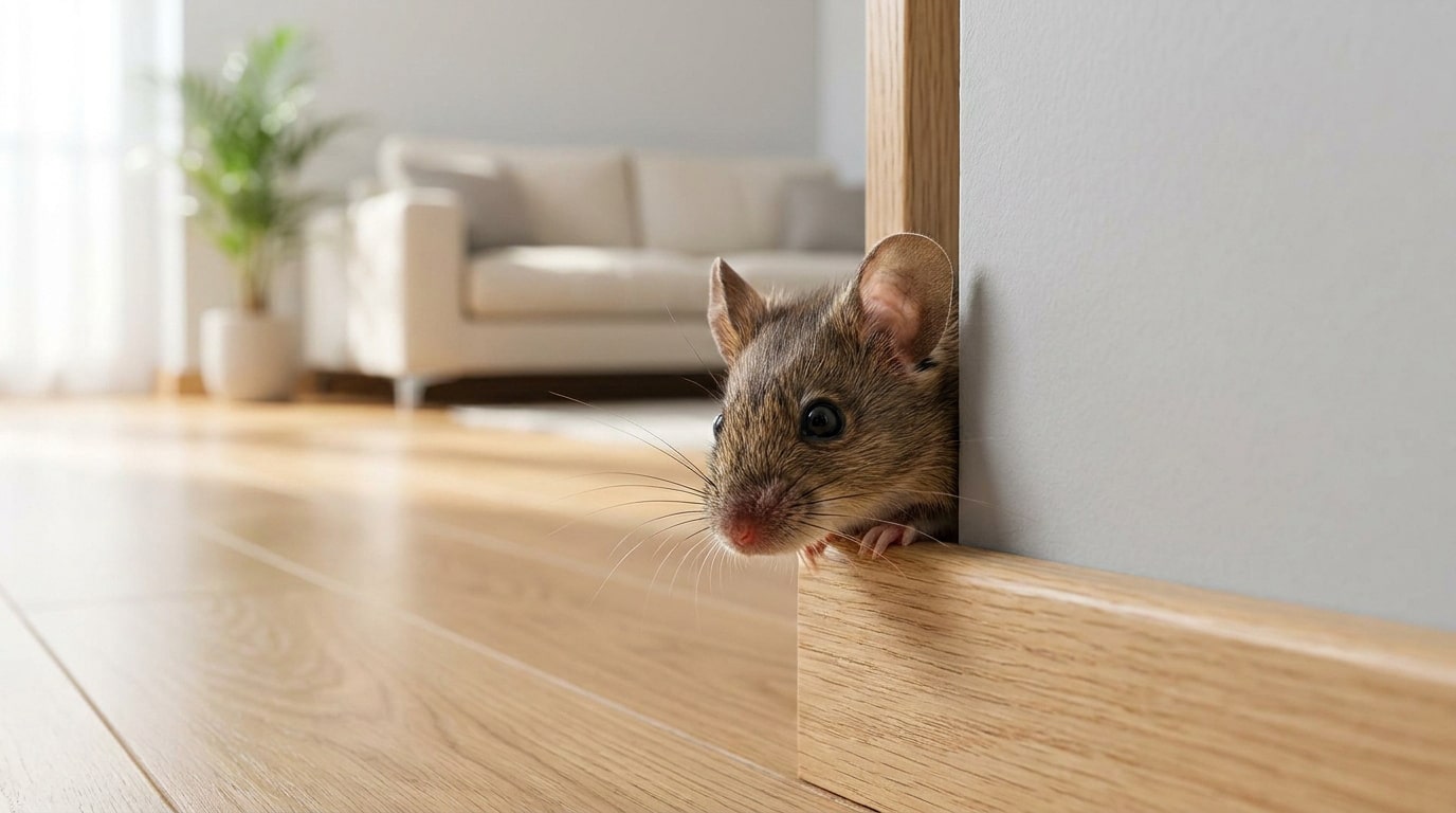 Une petite souris brune pointe le bout de son nez derrière une plinthe en bois dans un salon lumineux.
