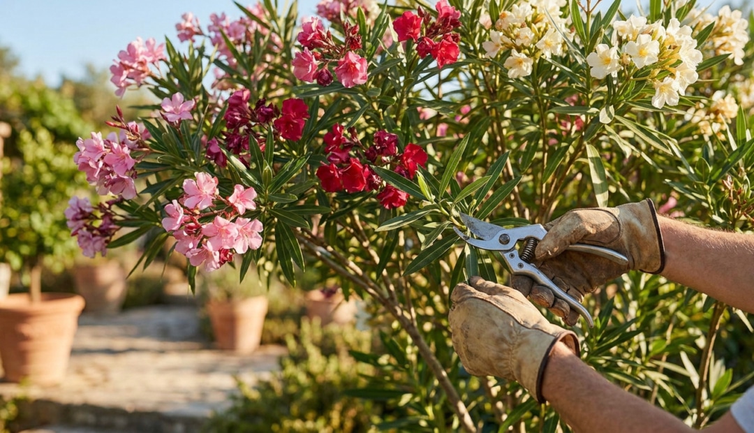 Mains gantées utilisant un sécateur pour tailler les branches d'un laurier-rose en fleurs.