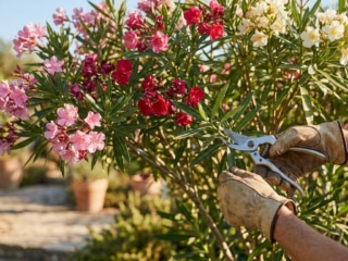 Mains gantées utilisant un sécateur pour tailler les branches d'un laurier-rose en fleurs.