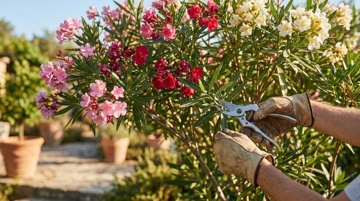 Mains gantées utilisant un sécateur pour tailler les branches d'un laurier-rose en fleurs.