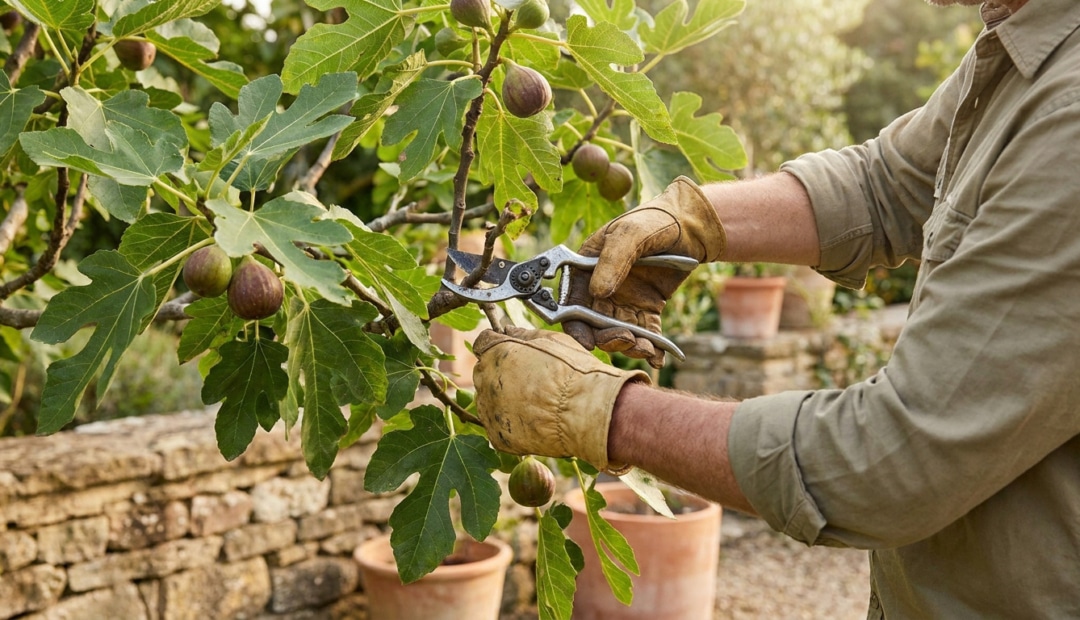Un jardinier portant des gants en cuir utilise un sécateur pour tailler les branches d'un figuier chargé de fruits.