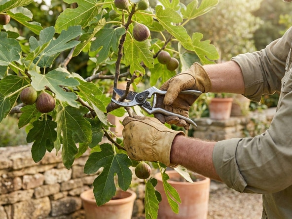 Un jardinier portant des gants en cuir utilise un sécateur pour tailler les branches d'un figuier chargé de fruits.