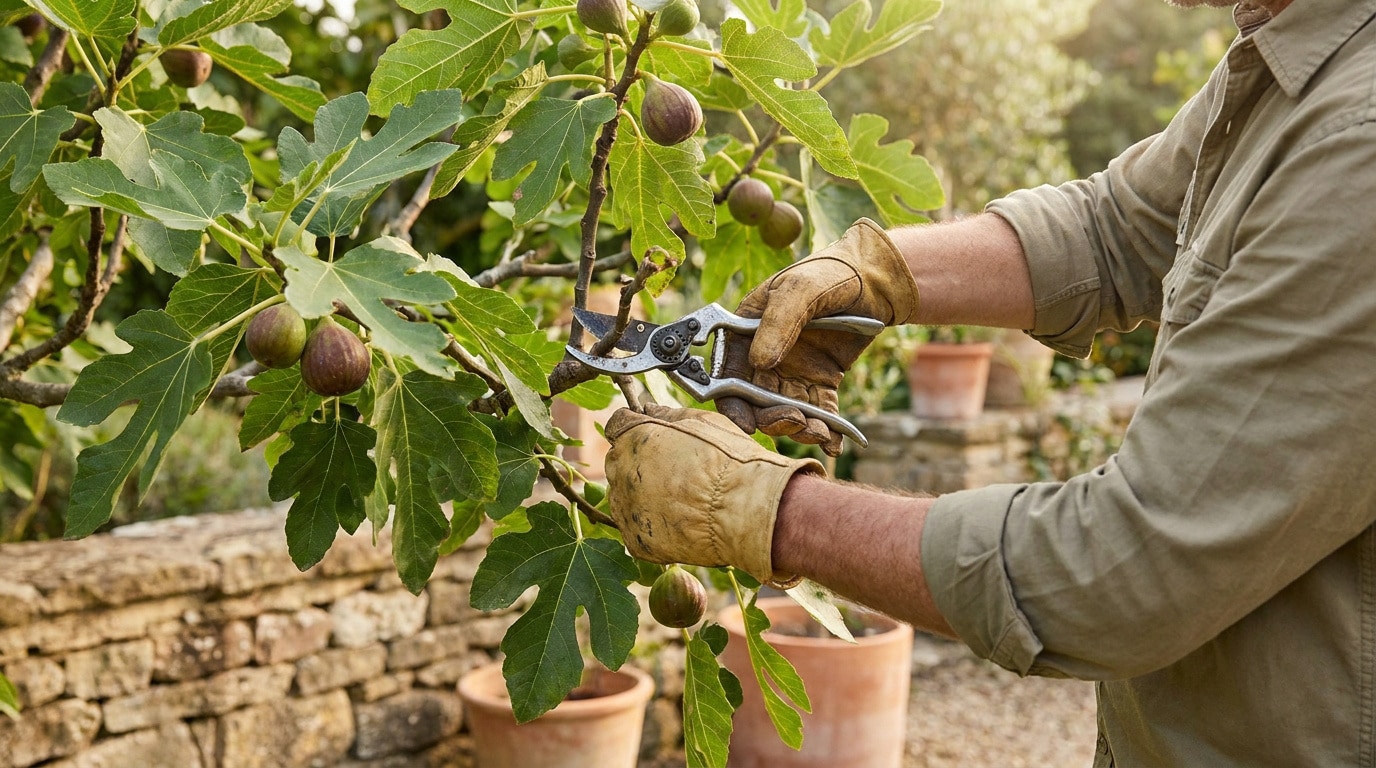 Un jardinier portant des gants en cuir utilise un sécateur pour tailler les branches d'un figuier chargé de fruits.