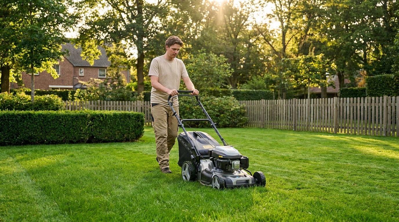 Un homme tond sa pelouse dans son jardin par une belle journée ensoleillée.