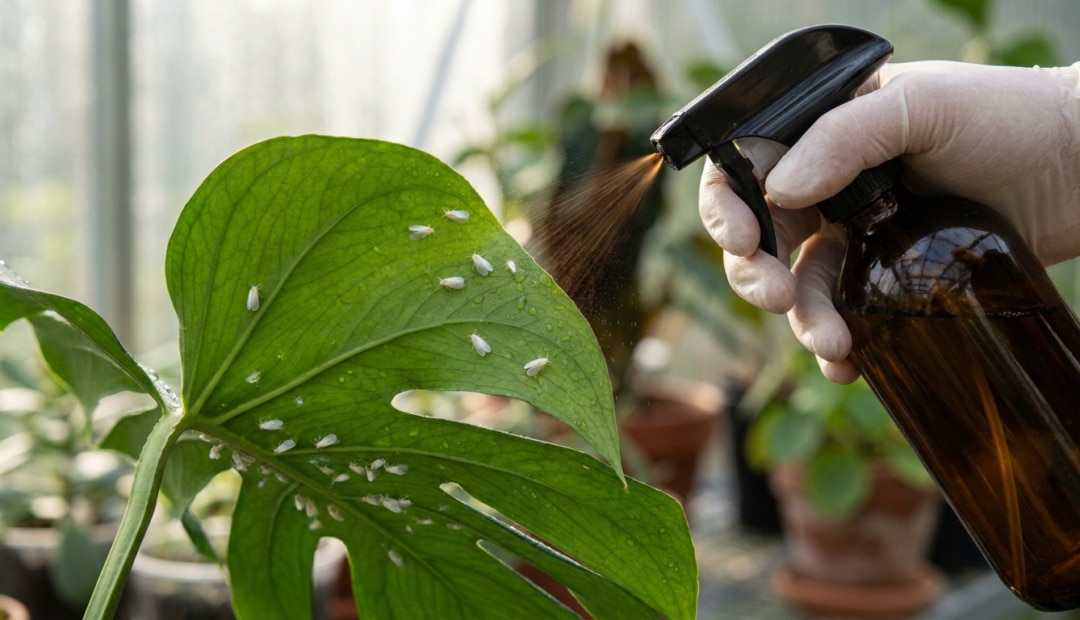 Main gantée pulvérisant un traitement naturel sur une feuille de monstera infestée de mouches blanches.