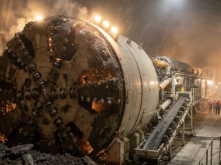 Une énorme roue de coupe d'un tunnelier creusant la roche dans un tunnel sombre avec des ouvriers en arrière-plan.