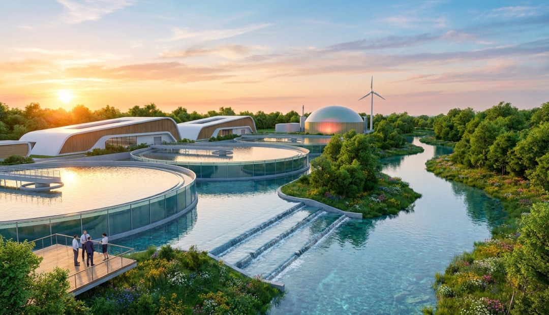 Vue panoramique d'une station d'épuration moderne et écologique intégrée dans une nature verdoyante au coucher du soleil.