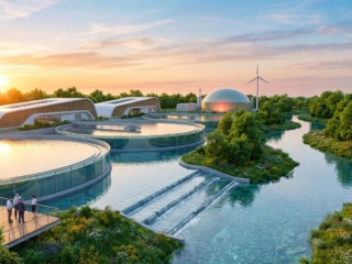 Vue panoramique d'une station d'épuration moderne et écologique intégrée dans une nature verdoyante au coucher du soleil.
