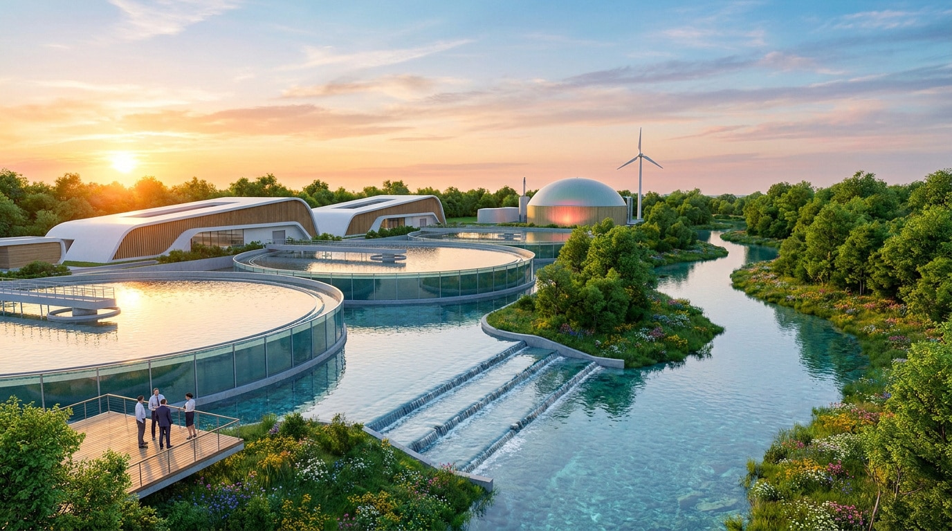Vue panoramique d'une station d'épuration moderne et écologique intégrée dans une nature verdoyante au coucher du soleil.