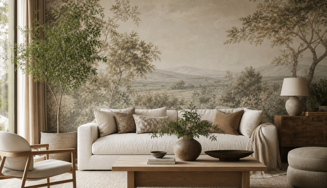 Salon beige avec fresque murale paysage nature