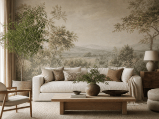 Salon beige avec fresque murale paysage nature