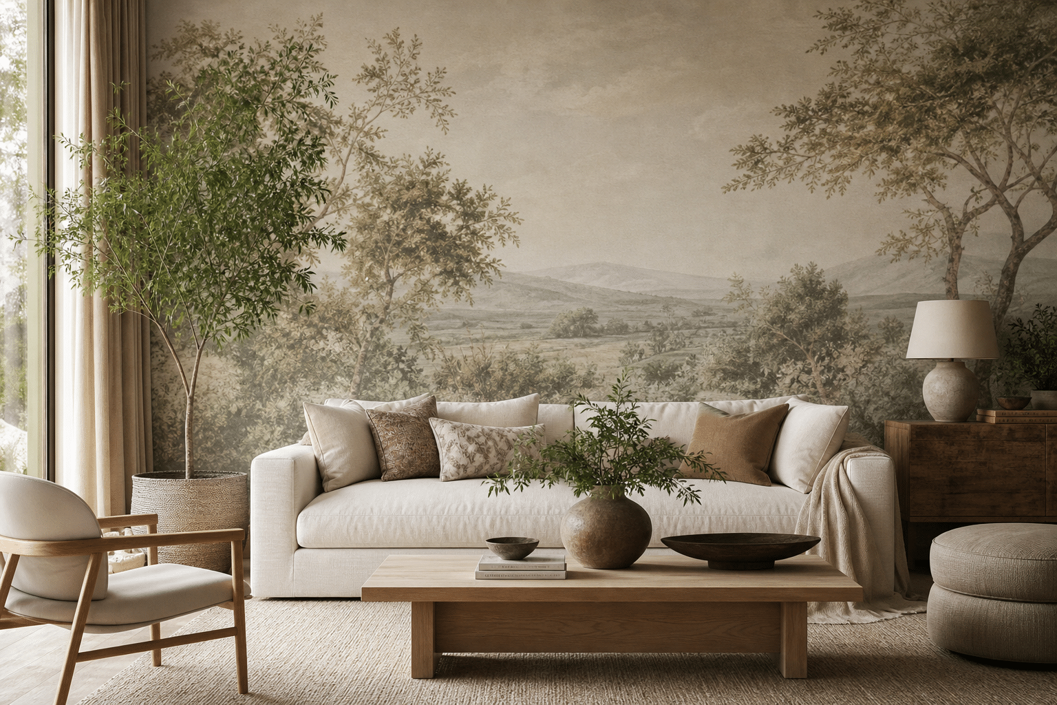 Salon beige avec fresque murale paysage nature